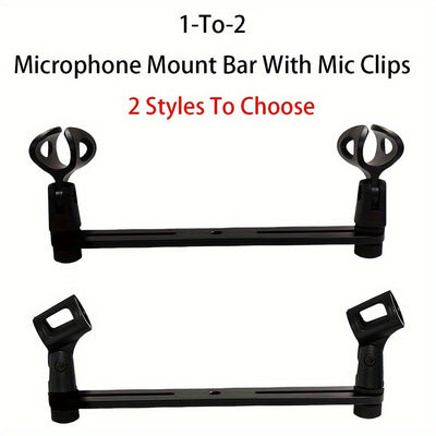 Barra de montaje de micrófono de 1 a 2 con clips de mic: Rosca ajustable de 3/8" para la mayoría de los soportes de micrófono y brazos de boom