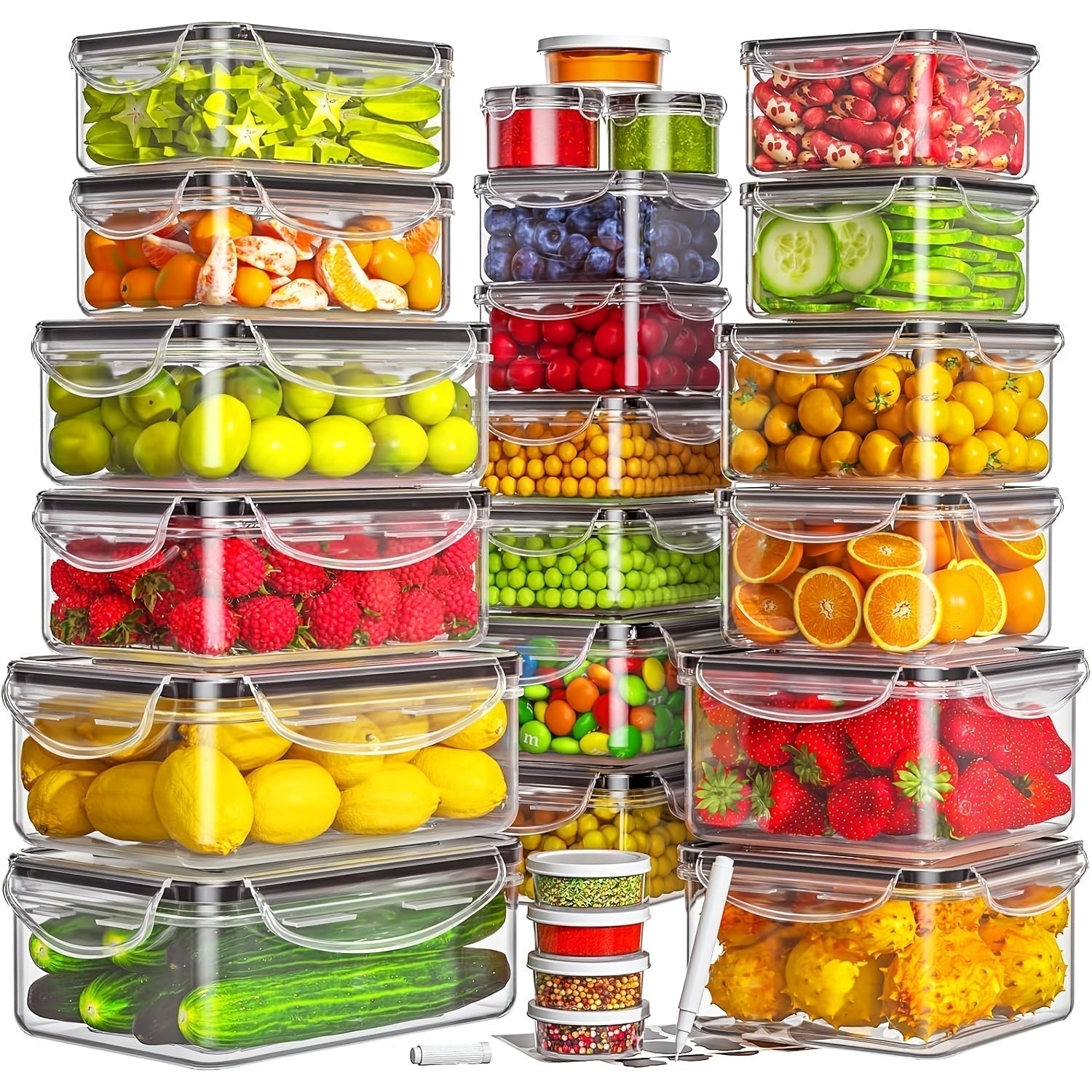 6/40/50 piezas de Contenedores para Almacenamiento de Comida con Tapas (20/25 Contenedores & 6/20/25 Tapa), Recipientes Herméticos Reutilizables para Preparación de Comidas, Contenedores de Cocina de Plástico con Etiquetas y Bolígrafo
