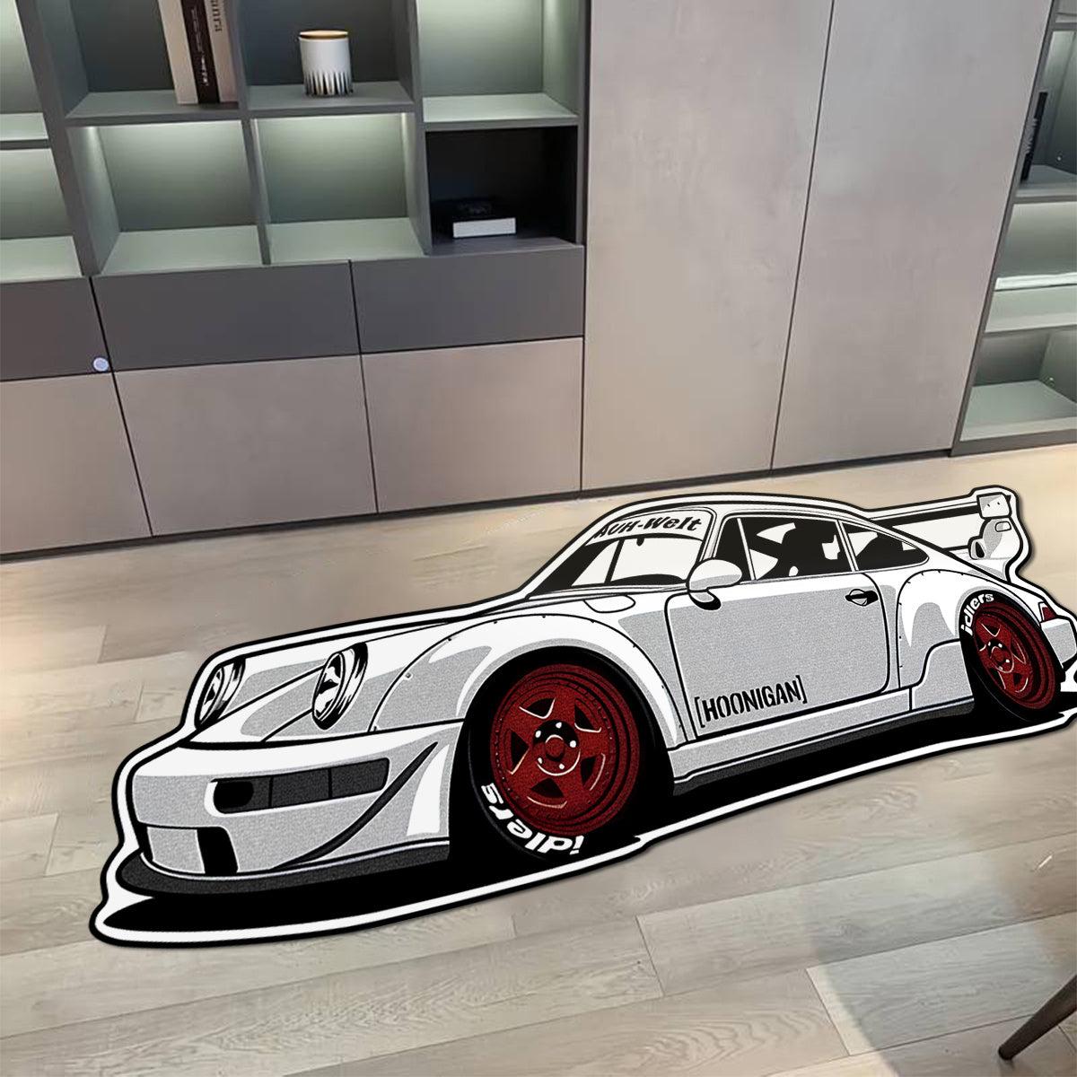 Alfombra de auto de carreras Porsche, 1000G/6mm de grosor, antideslizante y resistente al desgaste, diseño en blanco y negro, ideal para decoración de dormitorio, sala de estar, acento deportivo en la habitación, alfombra duradera