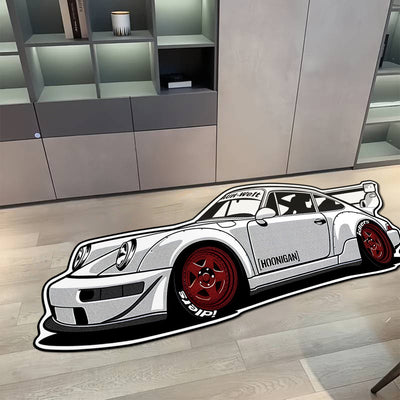 Alfombra de auto de carreras Porsche, 1000G/6mm de grosor, antideslizante y resistente al desgaste, diseño en blanco y negro, ideal para decoración de dormitorio, sala de estar, acento deportivo en la habitación, alfombra duradera