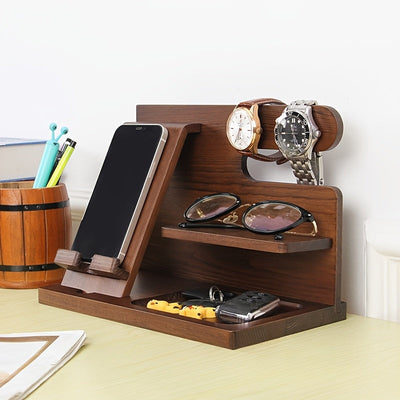 Soporte de Madera Sólida para Teléfono y Organizador para Hombres – Mesita Multifuncional con Ranura para Cable de Carga, Compartimentos para Carteras, Gafas, Relojes & Llaves – Regalo Perfecto para Papá, Esposo, Novio – Montaje Fácil, Decoración Estilo