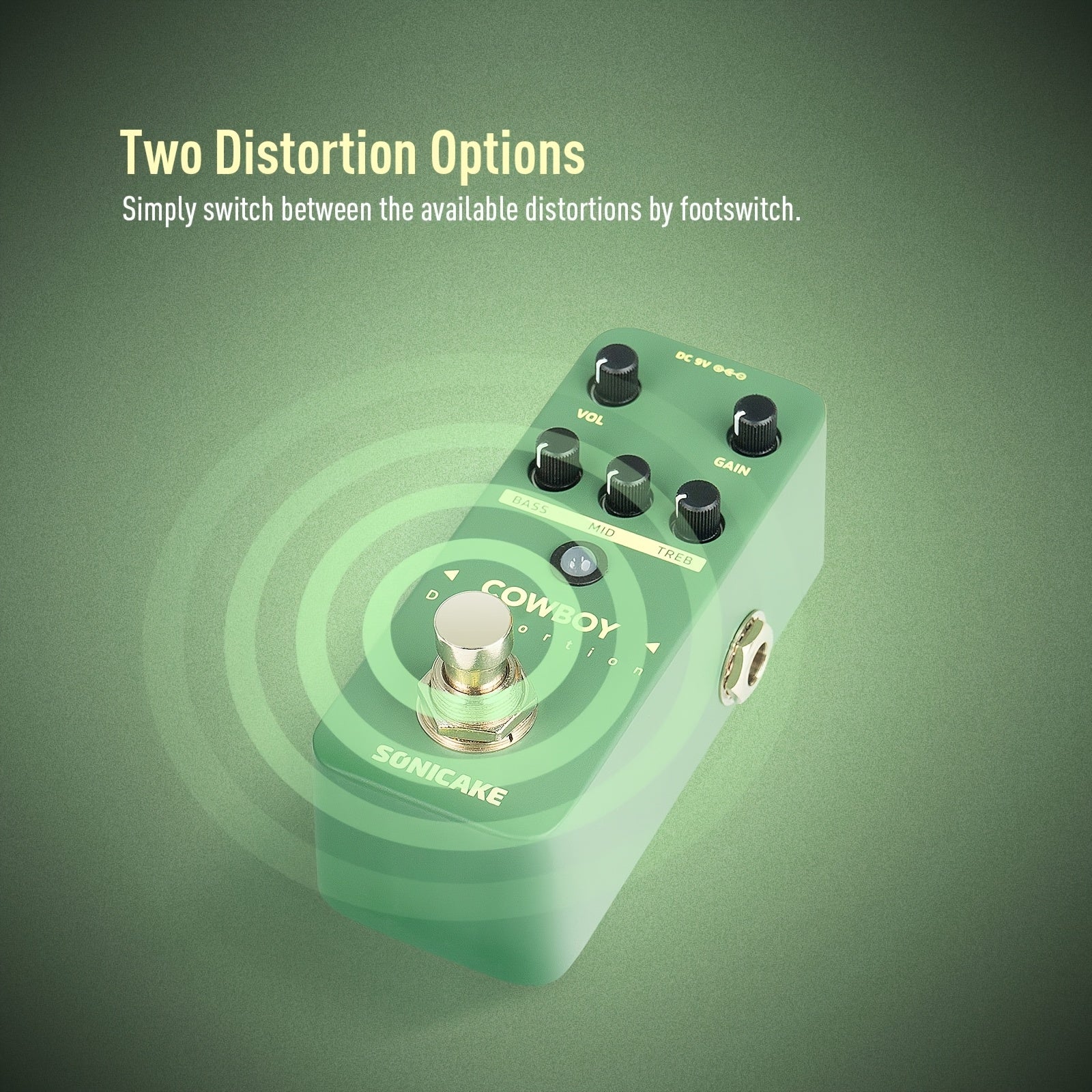 Pedal de Distorsión Sonicake Cowboy - Homenaje a Dimebag Darrell con Interruptor Dual (Bajo/Medios/Agudos), Construcción Metálica Resistente, Pedal Compacto Verde para Heavy Metal, Rock y Blues - Incluye Correa Hook and Loop, Compatible con 9V-18V DC (Po