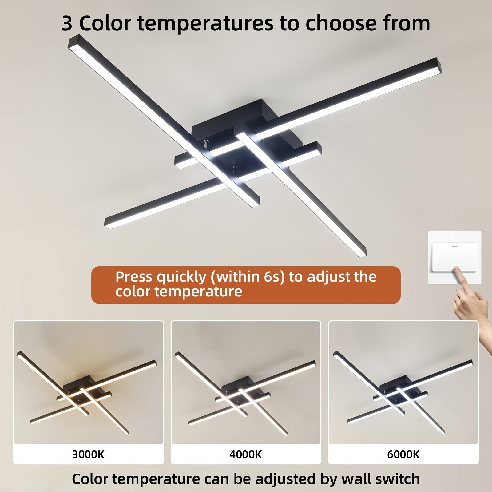 1pc 60.96cm 3-Color 4-Light Plafón de Techo 17w LED Regulable Iluminación de Techo Negro Empotrado Araña Lámpara de Techo para Cocina, Sala de Estar, Dormitorio