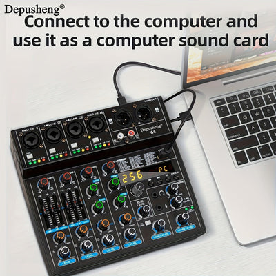 Consola de mezcla portátil G6 de DEPUSHENG, alimentada por USB, con 6 canales USB, controlador de sonido DJ con pantalla LCD, diseño compacto para grabación de PC, transmisión y uso en vivo, sistema de mezcla, apariencia simplificada, construcción de ale