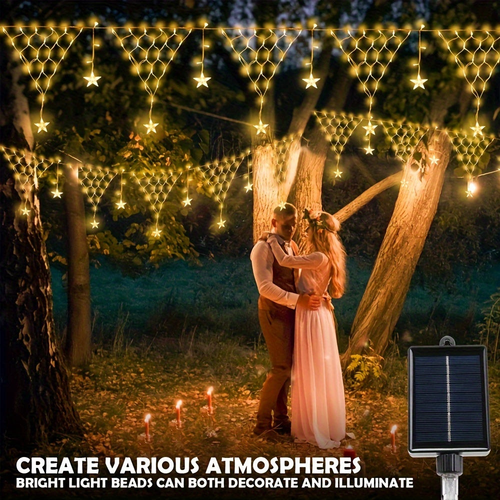Luces solares en forma de estrella, 162 LED, 6.3 metros - 1 unidad, 8 modos de iluminación, malla de luces decorativas con batería solar removible, perfectas para decoración de dormitorio, patio, camping, bodas, porche y ambiente festivo (disponible en v