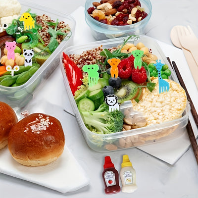 Juego de accesorios para el almuerzo de 58 piezas, tenedor de frutas con animales de dibujos animados, botella exprimible para condimentos, decoración para la caja de almuerzo, material ABS, accesorios divertidos para comer, suministros de cocina para us