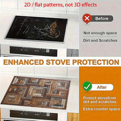 Un solo pieza, 2D plano "Textura de madera geométrica" hecha de goma, diseñada para ser resistente al calor y las rayas, con una superficie antideslizante, ideal para proteger cualquier cocina, lavadora, secadora y encimera de vidrio.