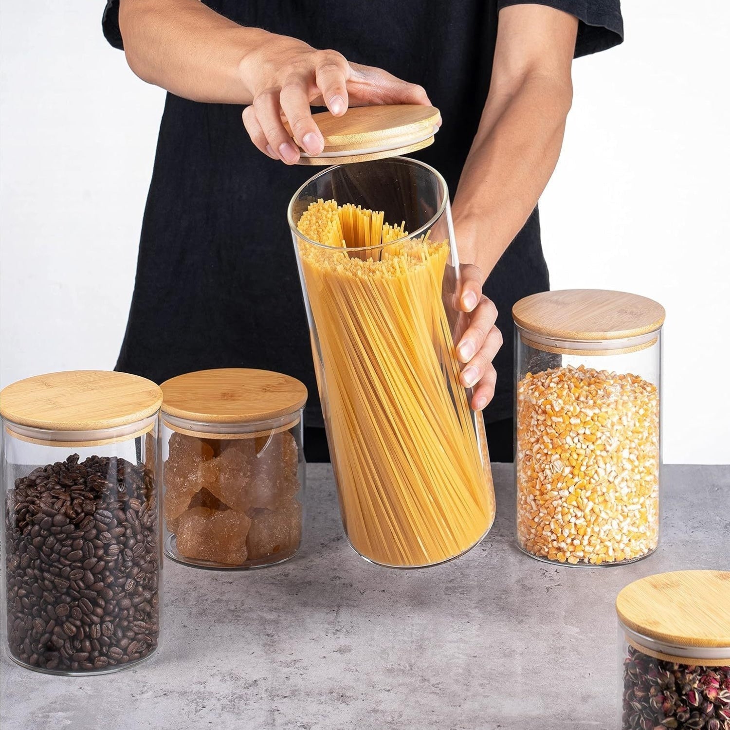 Juego de 5 frascos de vidrio herméticos con tapas de bambú, lavables a mano, recipientes redondos reutilizables para cocina, envases multipropósito con tapa flip top para dulces, galletas, arroz, azúcar, pasta, nueces y especias