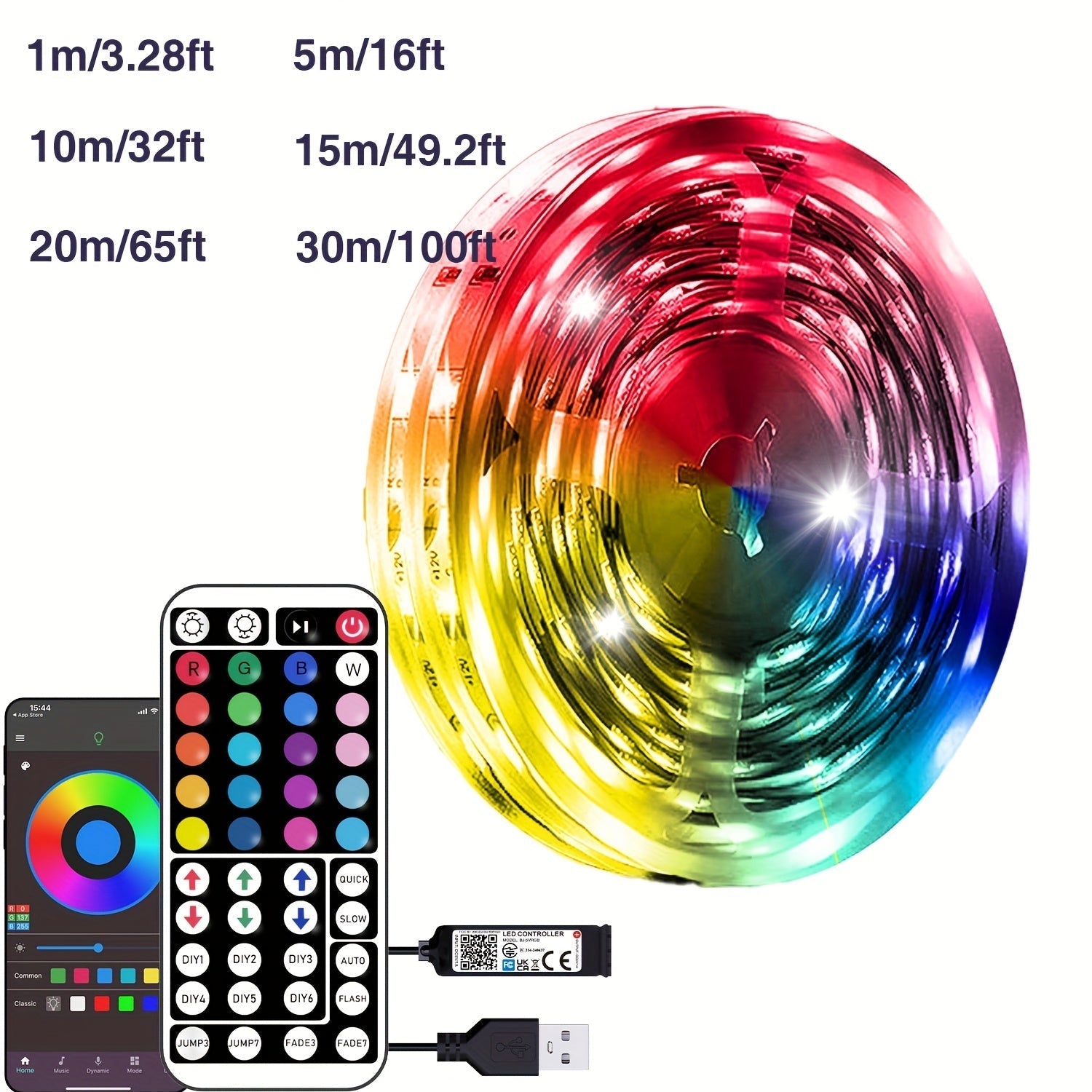 Tira de luces LED inteligente RGB con control por app, sincronización con música, cambio de color, alimentación por USB, incluye control remoto de 44 teclas, ideal para decoración de habitación, fiestas y festivales