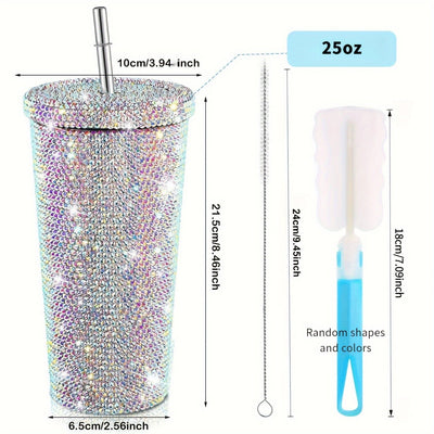 Taza de acero inoxidable aislada con piedras de imitación elegantes con caña - Diseño de doble capa, adornos de cristal vibrantes, perfecta para café o té, artículo de regalo, taza de café | Taza elegante | Vajilla de bebida duradera, taza de café