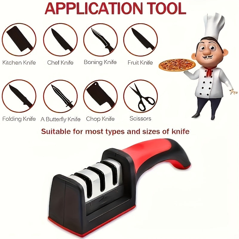 Afiliador Profesional de Cuchillos, Herramienta Portátil para Afilar 4 Hojas con Mango Rojo y Base Negra - Ideal para Diversos Tipos de Cuchillas, Accesorio Perfecto para una Familia de 30 Personas
