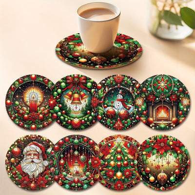8 piezas Conjunto de posavasos de madera festivos de Navidad - Resistente al calor, lavable a mano, para bebidas, café, oficina, cocina, decoración de mesa, regalo de vacaciones, diámetro de 9,98 cm