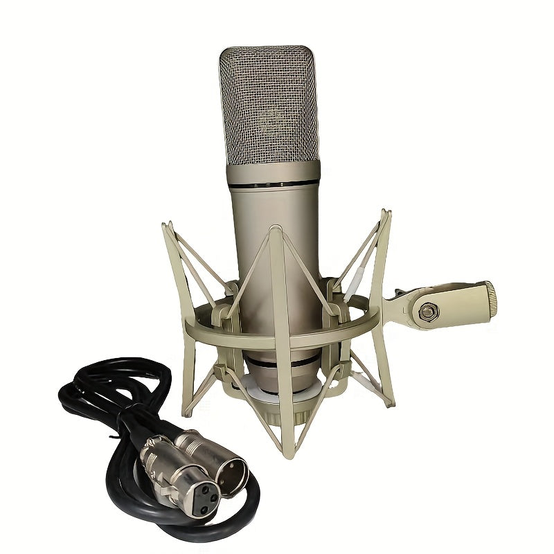 Micrófono de condensador de grado estudiado U87 con pantalla de viento clip-on, alimentado por corriente directa, conectores XLR para KARAOKE, juegos, videoconferencias y transmisión en vivo - Acabado dorado, micrófono de KARAOKE, acabado metálico elegan
