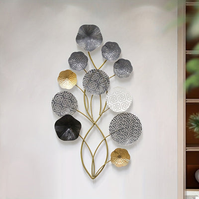 1 Pieza de Arte Metálico Grande para Pared - Diseño Floral 3D Apilado con Hojas en , Blanco y Dorado Gris, Colgante Vertical para Sala, Dormitorio o Comedor, Decoración Bohemia Moderna, Adorno para Habitaciones