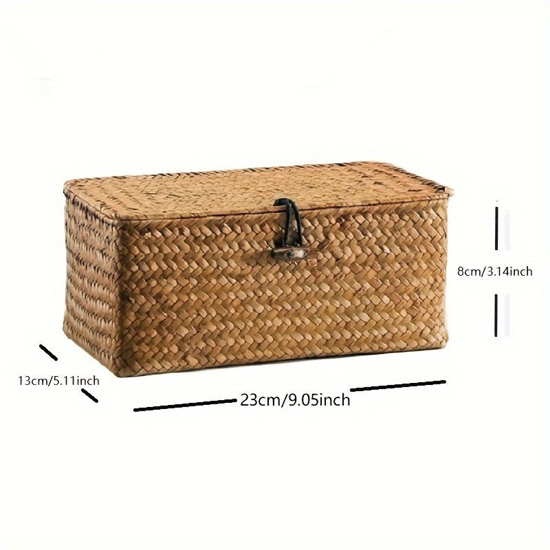 Caja de almacenamiento tejida a mano estilo vintage con tapa - Organizador rectangular multifuncional para decoración del hogar, material de fibra natural, caja de almacenamiento decorativa | Caja de fibra natural | Diseño tejido, cestas de estantería