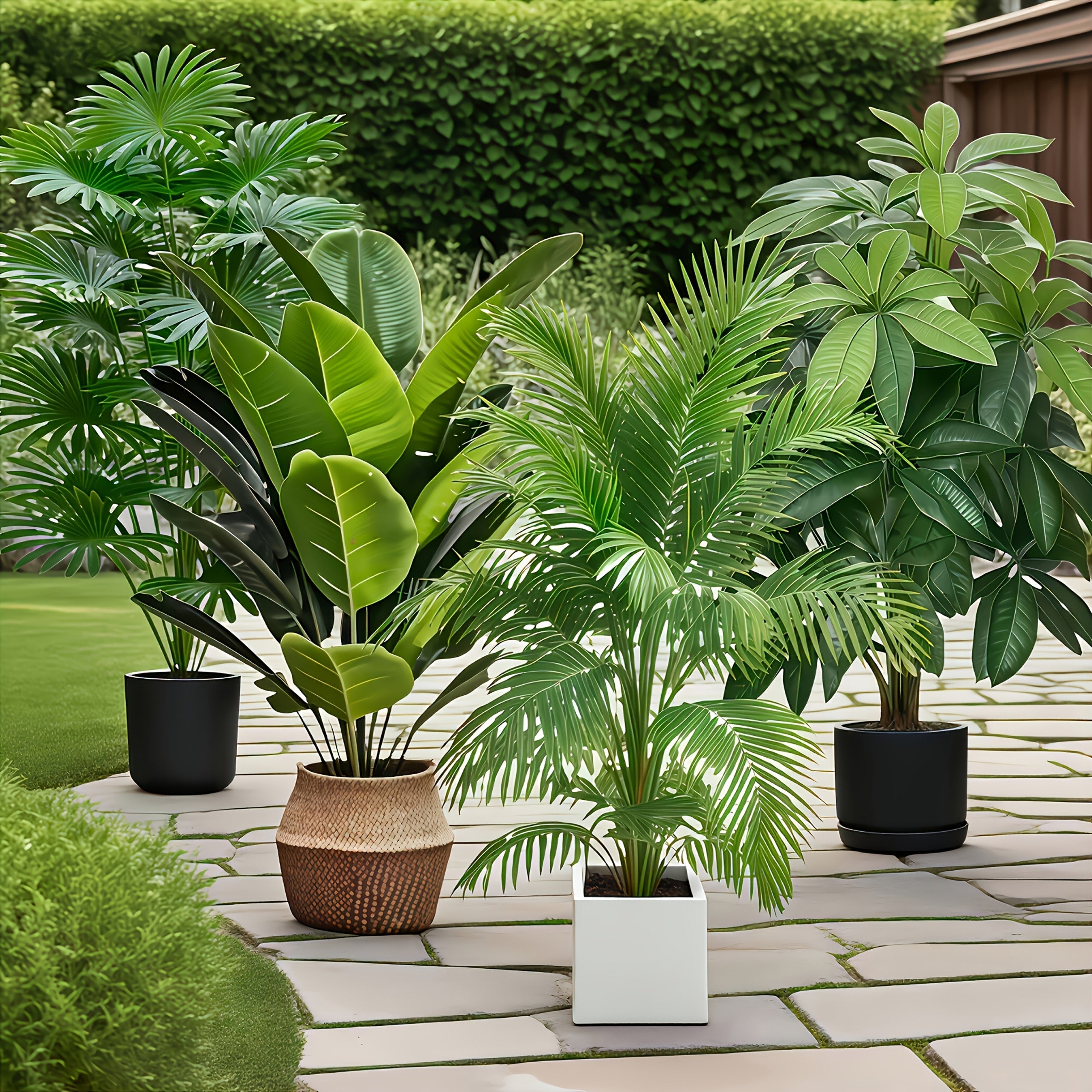 4 piezas, incluye 48 plantas artificiales de hoja grande - árbol de fortuna lush y palma ave del paraíso, aptas para uso exterior - árboles decorativos tropicales de hoja ancha sin mantenimiento, plantas en maceta aptas todo el año para interior/exterior