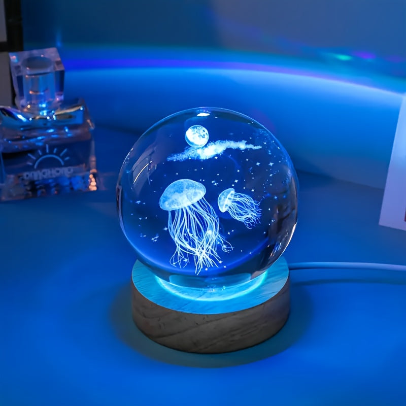 1 pieza de base de madera, luz colorida, 3D, bola de cristal tallada, medusa del océano, luz de noche, bola de cristal, adecuada para decoraciones de fiestas, regalo de cumpleaños.