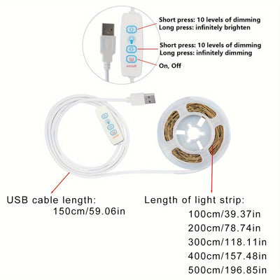 Luz LED de Tira Cálida y Cálida con Alimentación USB, Brillo Ajustable de 99.97-499.87cm - Perfecta para Armarios, Espejos, Techos, Cocinas y Dormitorios