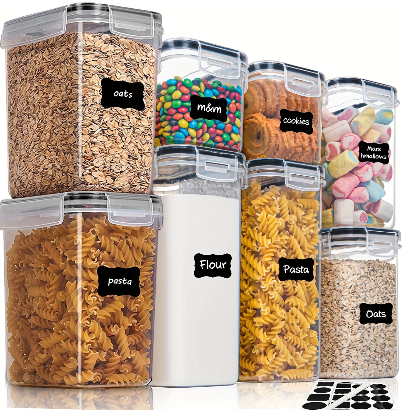 Juego de 4/8 contenedores de almacenamiento de alimentos herméticos - Recipientes de cocina de plástico sin BPA para cereales, harina, azúcar, pasta | Organización de despensa con tapas y etiquetas, La Vida