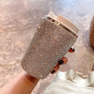 Taza de acero inoxidable aislante con incrustaciones de diamantes elegante - Ideal para oficina y hogar, apta para alimentos