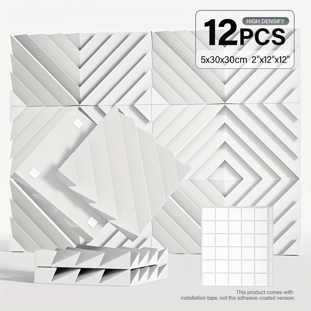 12pcs, 24pcs - Paneles de Espuma Aislante Acústica con Ranura Diamantada 5.08x30.48x30.48 cm, Paneles de Alta Densidad para Estudio, Paneles Decorativos 3D, Material Absorbente de Sonido para Hogar u Oficina (Incluye Pegatinas)