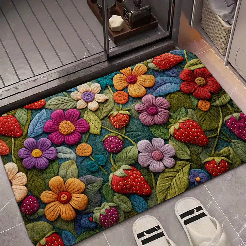 1pc Alfombra de Bienvenida Vibrante con Florales - Diseño Colorido de Girasoles y Fresas, Suave Poliéster, Lavar a Máquina, Ideal para Uso en Interior/Exterior en Dormitorio, Baño, Cocina y Entrada - 1.2cm de Grosor, Alfombra Interior Exterior | Diseño d