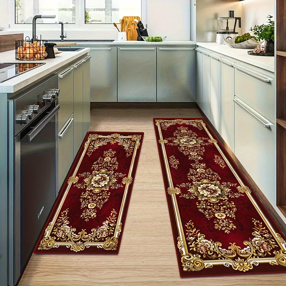 Tapetes Largos de Terciopelo Dorado con Diamantes Estampados en Rojo al Estilo Europeo Vintage, Alfombras de Pasillo para Villas Nórdicas de Lujo, Suave Tapete para Lavandería, Alta Calidad Adecuadas para la Decoración de Pasillos de Hoteles