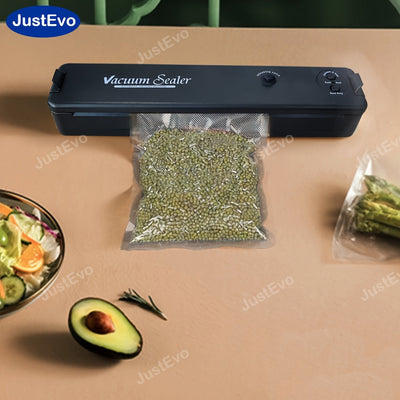 Selladora al Vacío JustEvo, Selladora de Alimentos con Bolsas para Frescura, Máquina de Sellado al Vacío con Sistema Automático de Cierre de Aire para Almacenamiento de Comida, Sellador y Calentador en 1