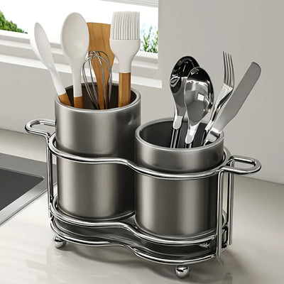 Juego de 3 Portacubiertos con 2 Bandejas para Utensilios, Organizador de Cubertería con Marco Metálico y 2 Compartimentos para Almacenamiento en Cocina y Encimera