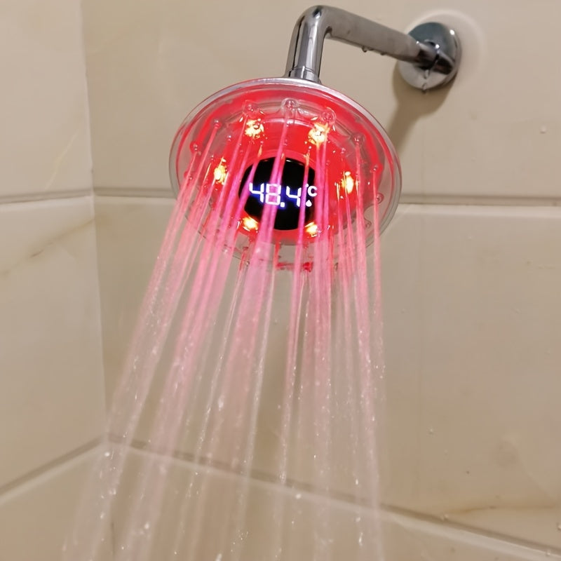 1pieza Lámpara LED hidroeléctrica montada en la pared, cabeza de ducha de plástico sin terminar de 4 pulgadas redondas con control de temperatura y cambio de color, ajuste de lluvia, ≤36V potencia hidroeléctrica