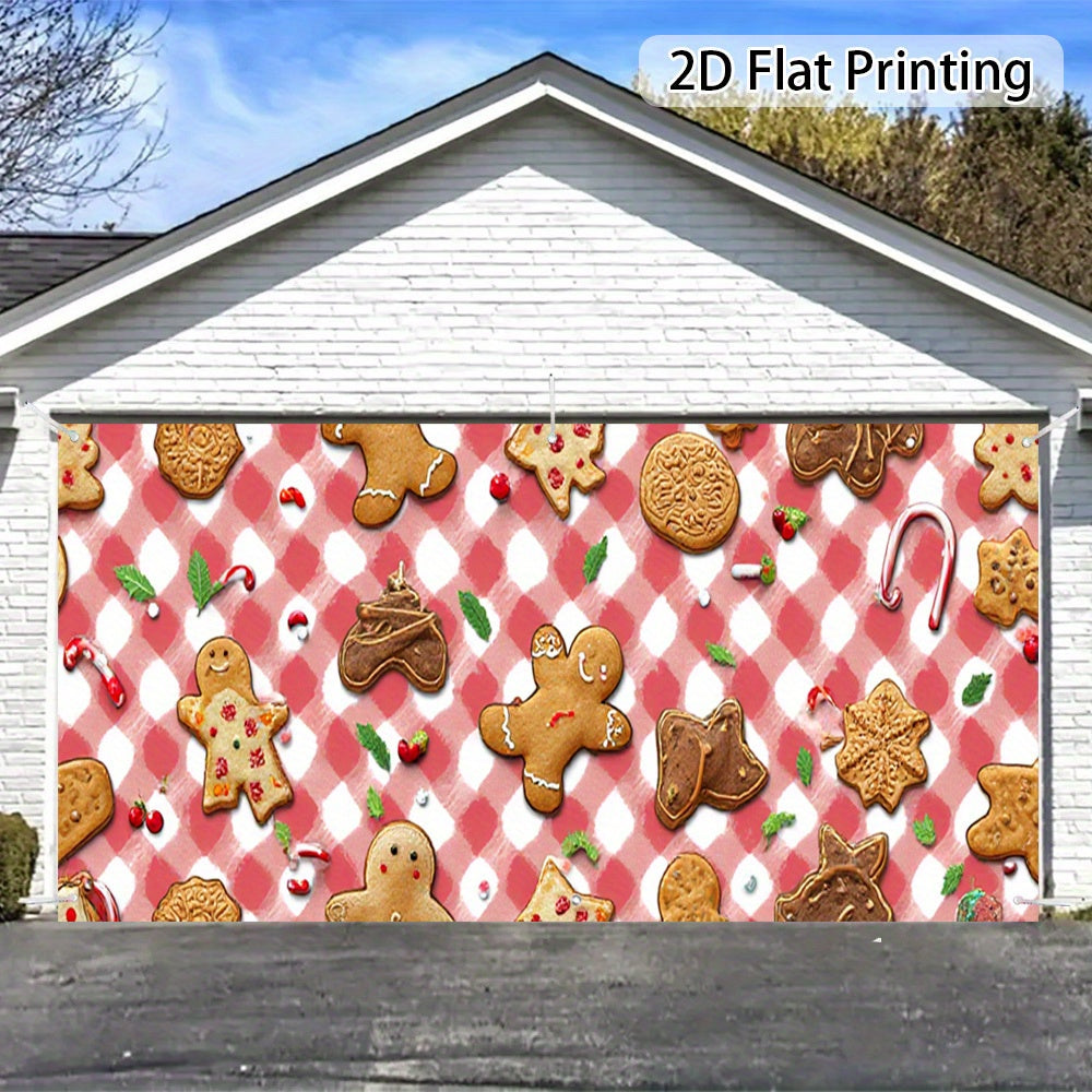 2D Banner de puerta, 1 pieza, diseño festivo de galletas de jengibre y galletas navideñas para banner de puerta de garaje - Poliéster duradero, no necesita energía, perfecto para decoración navideña, bodas, regreso a la escuela, fiestas hawaianas y celeb