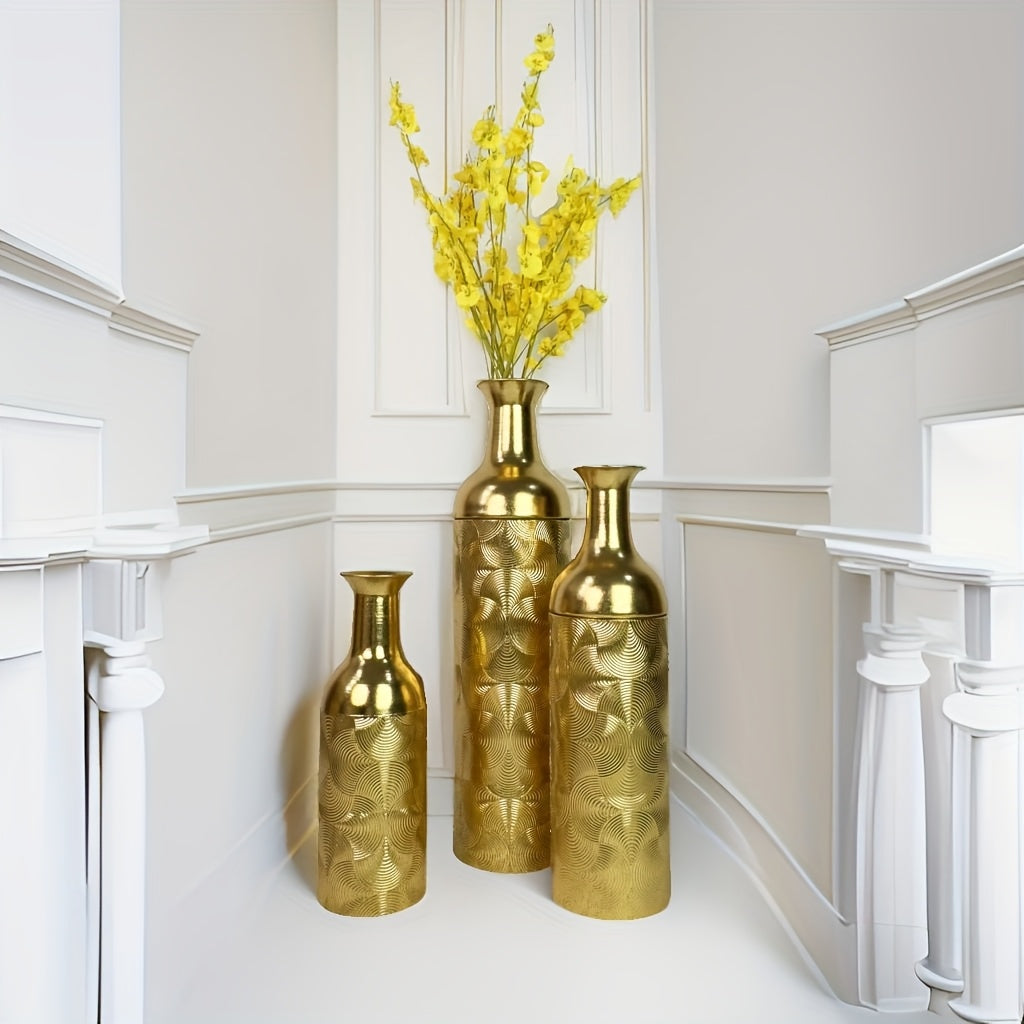 3 modernos jarrones de suelo de metal decorativos de lujo dorado con un toque de alta gama adecuados para flores artificiales en el hogar, hotel y oficina.