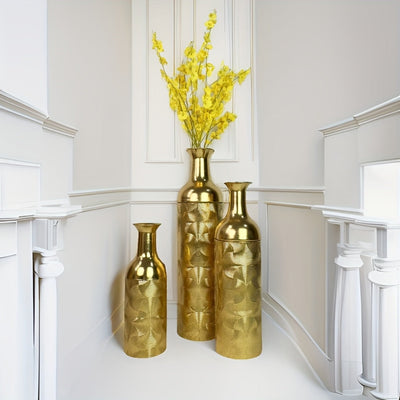 3 modernos jarrones de suelo de metal decorativos de lujo dorado con un toque de alta gama adecuados para flores artificiales en el hogar, hotel y oficina.