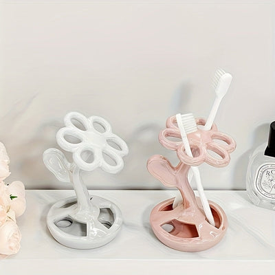 Portacepillos de Cerámica Diseño Original - Organizador de Baño Independiente con Flores en 3 Colores (Rosa, Blanco, ), Almacenamiento Doble para Brochas y Cosméticos, Sin Necesidad de Electricidad, Decoración Elegante y Regalo Festivo