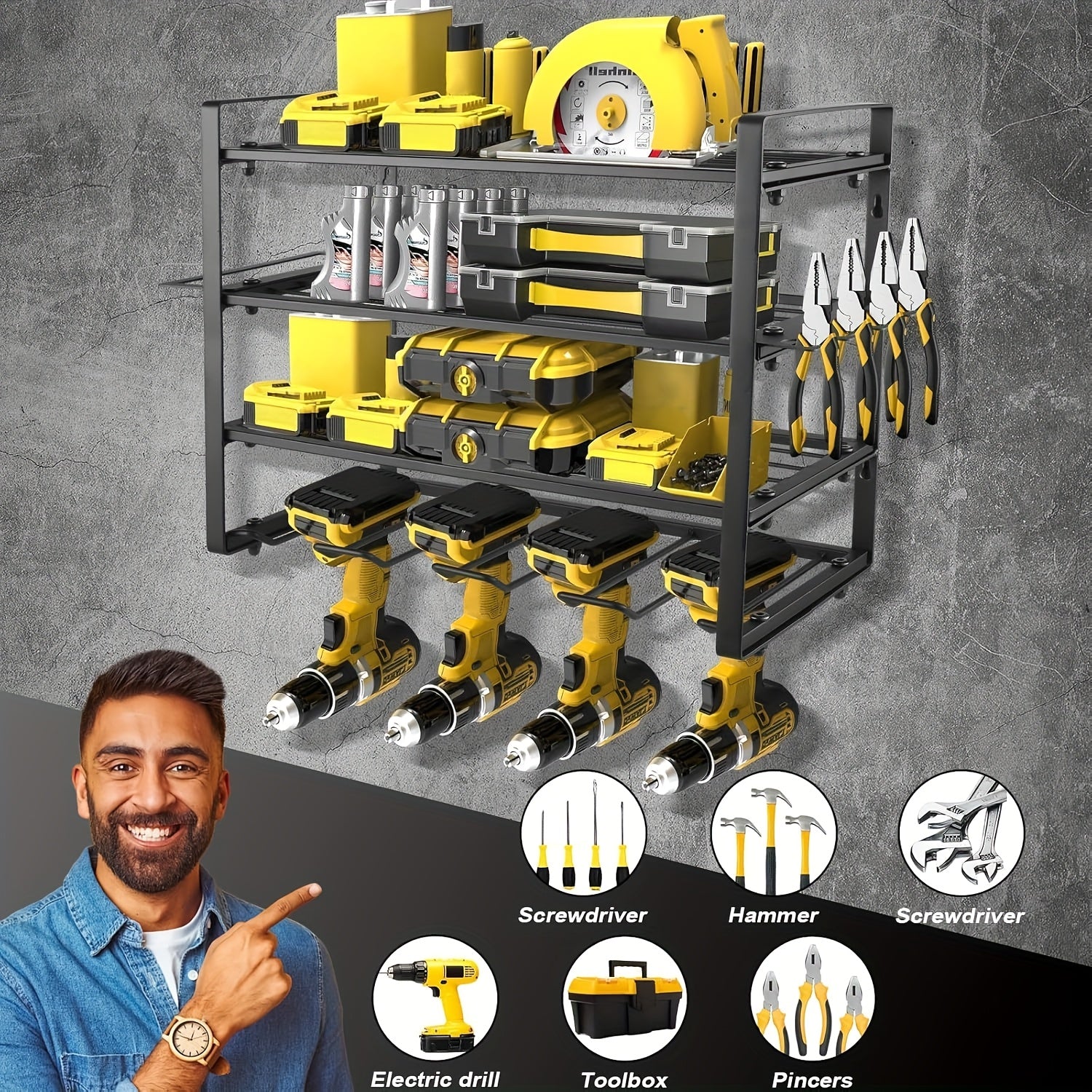 Organizador de herramientas eléctricas de 4 niveles de alta resistencia, estantería de almacenamiento para garaje montada en la pared, con soporte para destornilladores, soporte para alicates y soporte para martillos, ideal para regalo de Día del Padre o