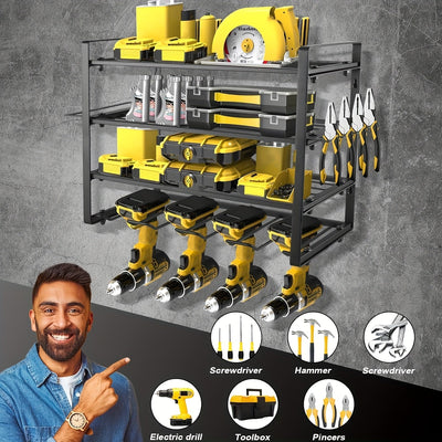 Organizador de herramientas eléctricas de 4 niveles de alta resistencia, estantería de almacenamiento para garaje montada en la pared, con soporte para destornilladores, soporte para alicates y soporte para martillos, ideal para regalo de Día del Padre o