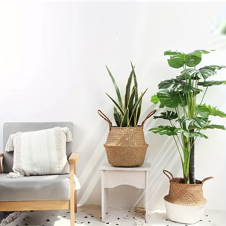 Cesta de almacenamiento rústica de fibra de palma, parte superior abierta, vista de ventana, material de tela, estilo vintage, para plantas, ropa, picnic, víveres, organizador para el hogar y la cocina