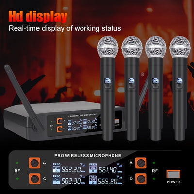 Sistema de micrófono inalámbrico NGUVMN, con cancelación de ruido (ANC), para karaoke, iglesia, DJ, frecuencia ajustable UHF, juego de 4 micrófonos portátiles, recepción de señal fuerte, alimentado por 110-130V AC, con enchufe de EE. UU., para cantar, gr