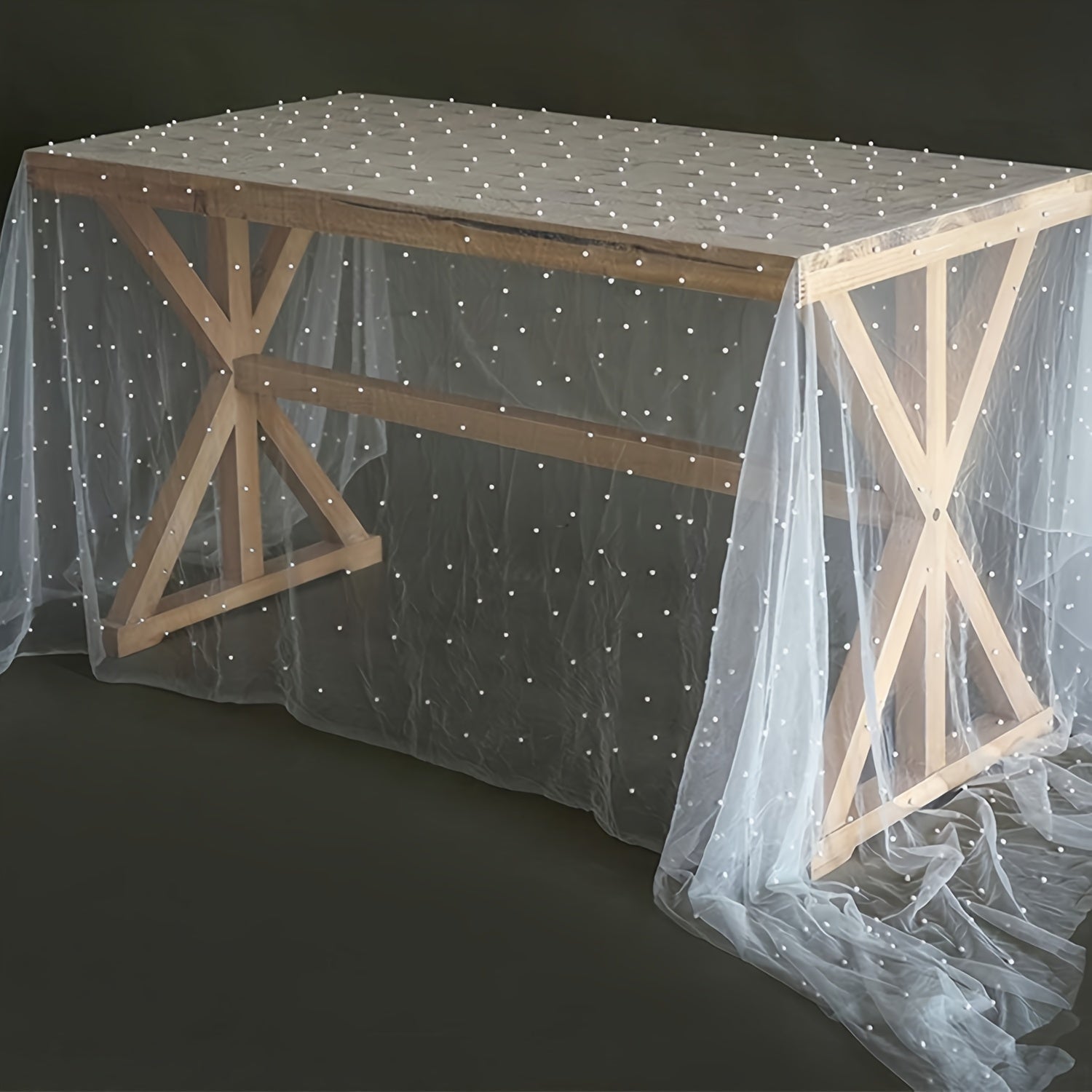 1pc Camino de Mesa con Perlas y Sobrecapa de Encaje Transparente - Poliéster Resistente a Arrugas para Arco Nupcial & Decoración de Comedor, Mantel Blanco Romántico Rectangular para Despedidas de Soltera, Banquetes y Eventos Especiales, Decoraciones de M