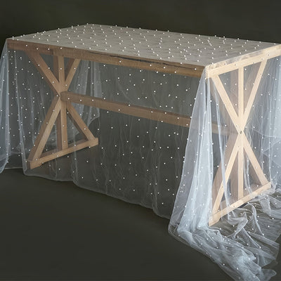 1pc Camino de Mesa con Perlas y Sobrecapa de Encaje Transparente - Poliéster Resistente a Arrugas para Arco Nupcial & Decoración de Comedor, Mantel Blanco Romántico Rectangular para Despedidas de Soltera, Banquetes y Eventos Especiales, Decoraciones de M