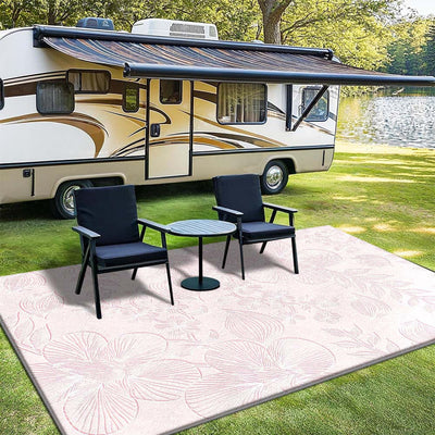 Siete Ciervos Alfombra Floral de Terciopelo para Exteriores - Suave, Antideslizante, Lavable en Máquina, Alfombra de Poliéster para Patio, Césped y Áreas de Alta Circulación, Color Crema con Diseño Floral Rosa, Ideal para Acampar en Camper y Vida al Aire
