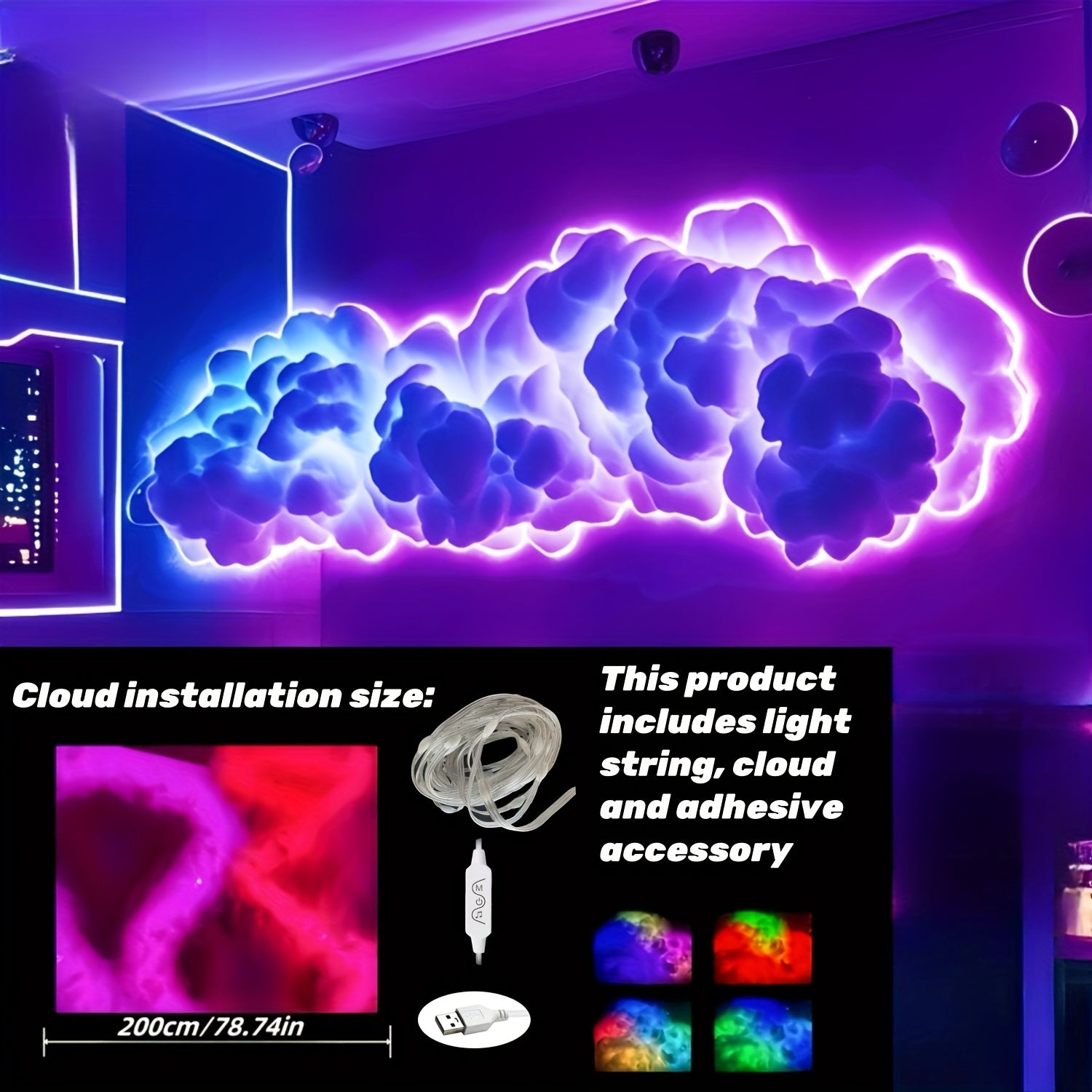 1 Juego de 200,0 pulgadas (79,9 plg) Kit de luces 3D de nubes - Luces LED de tiras cambiantes de color, multicolores, ideales para hogares interiores, ambiente de dormitorio y sincronización de música, ambiente de dormitorio | Tema de nubes, iluminación