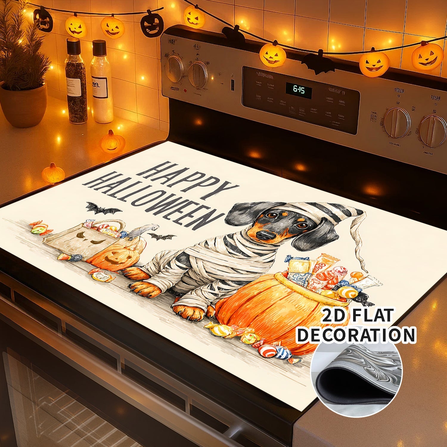 1pc Cubierta Decorativa para Estufa de Halloween - Forro Antideslizante con Base de Goma, Simulador de Quemador Eléctrico/Gas, Decoración Espeluznante para Cocina con Texto "Feliz Halloween" - Compatible con la Mayoría de Estufas, Fácil Instalación para