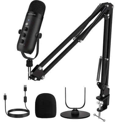 Kit de Micrófono Profesional de la Marca Haomuren, Soporte de Escritorio y Boom con Filtro Anti-pop, Compatibilidad USB Plug-and-Play para Varios Dispositivos · Silencio con Un Botón · Monitoreo en Tiempo Real · Efecto de Reverberación · Adecuado para Gr