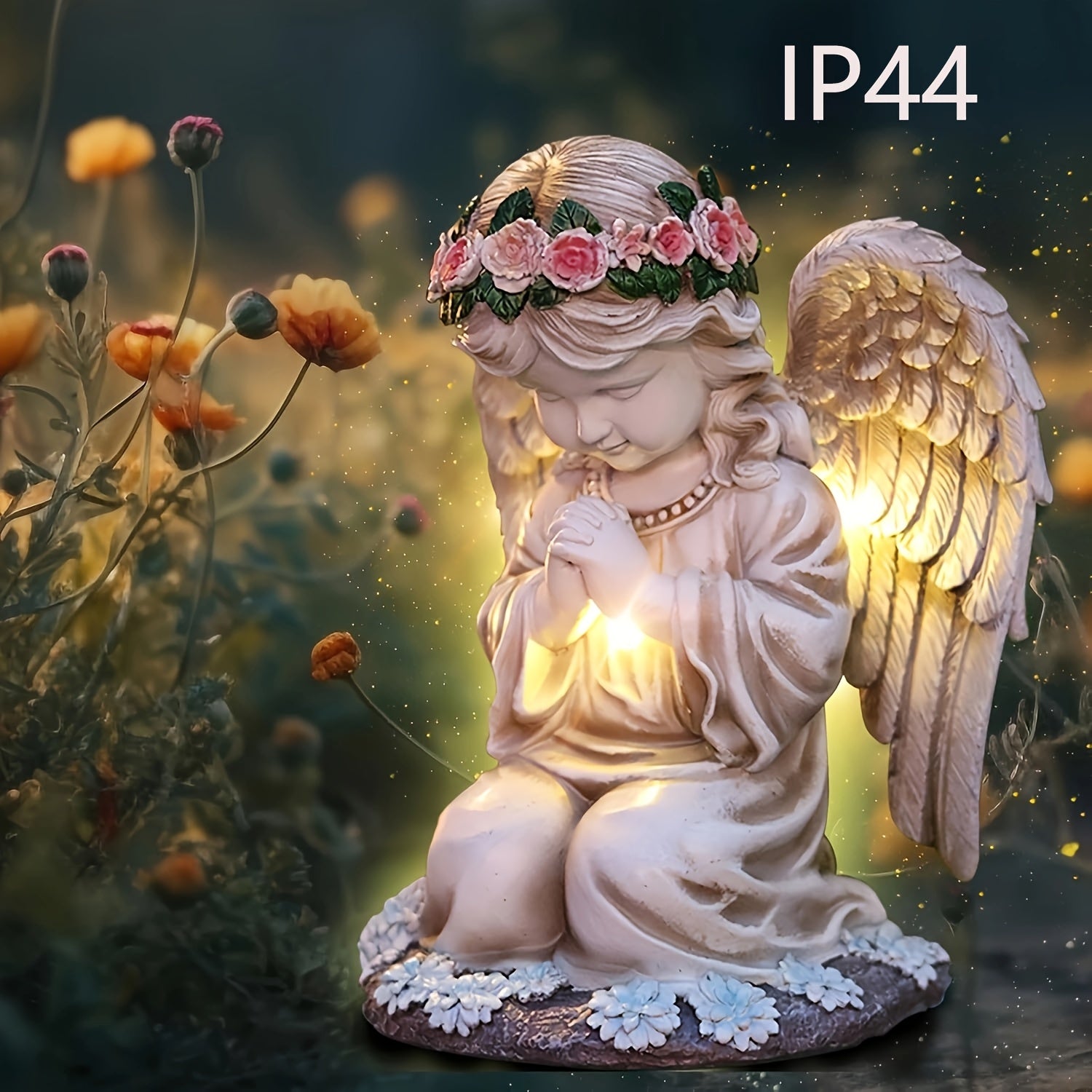 Estatuilla de Ángel Solar con Batería Integrada - Figura Coleccionable Temática de Dibujos Animados, Detalles Florales y Orbe Luminoso, Decoración Duradera para Interiores/Exteriores en Navidad, Halloween, Día de la Madre, San Valentín, Acción de Gracias