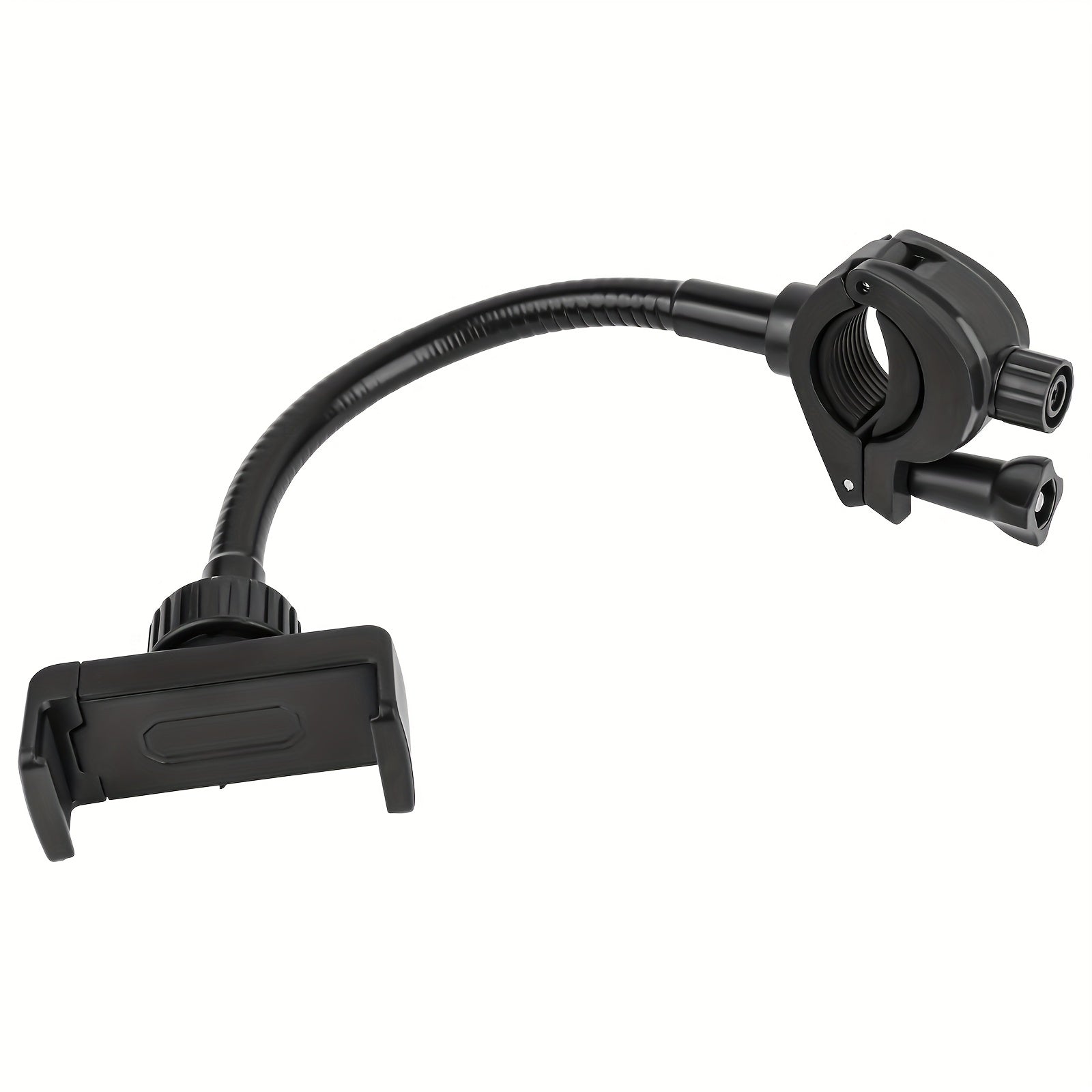 Un soporte para teléfono móvil para micrófono, hecho de material PP; la cabeza de bola metálica puede rotar 360°, con un cuello flexible que se puede ajustar a cualquier ángulo; el abrazadera en forma de O es más estable y más ajustado; dos colectores de