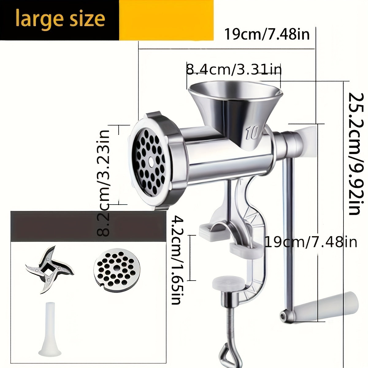 1pc Molinillo de Carne Manual de Alta Resistencia & Fabricante de Salchichas - Acero Inoxidable, 10 RPM, No Requiere Electricidad, con Accesorios Opcionales, Perfecto para Carne Picada & Salchichas, Molinillos de Carne para Uso Doméstico