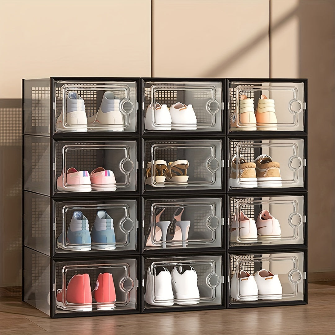 1 Set De 6/12 Piezas, Caja De Zapatos Transparente, Gruesa, Con Tapa, Plegable, Apilable, De Combinación Libre, Contenedor De Plástico Para Zapatillas, Ideal Como Organizador De Almacenamiento, Ahorrador De Espacio, Para Entrada, Dormitorio, Hogar, Decor