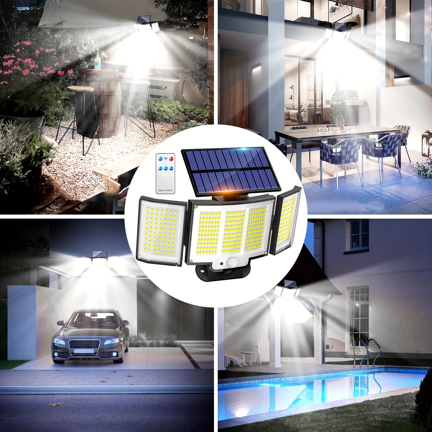 1 unidad/2 unidades de luz solar exterior, luz de seguridad con 348 LEDs y control remoto, foco de pared con sensor de movimiento de 3 cabezales, 270° de ángulo amplio, 3 modos de iluminación, lámpara para jardín, patio, garaje, puerta principal, piscina