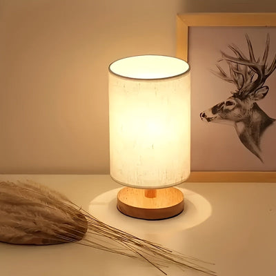Linterna de escritorio estilo nórdico moderno con tela de lino, luz cálida y ambiental, base de madera, alimentación USB - ideal para decoración del hogar y sala